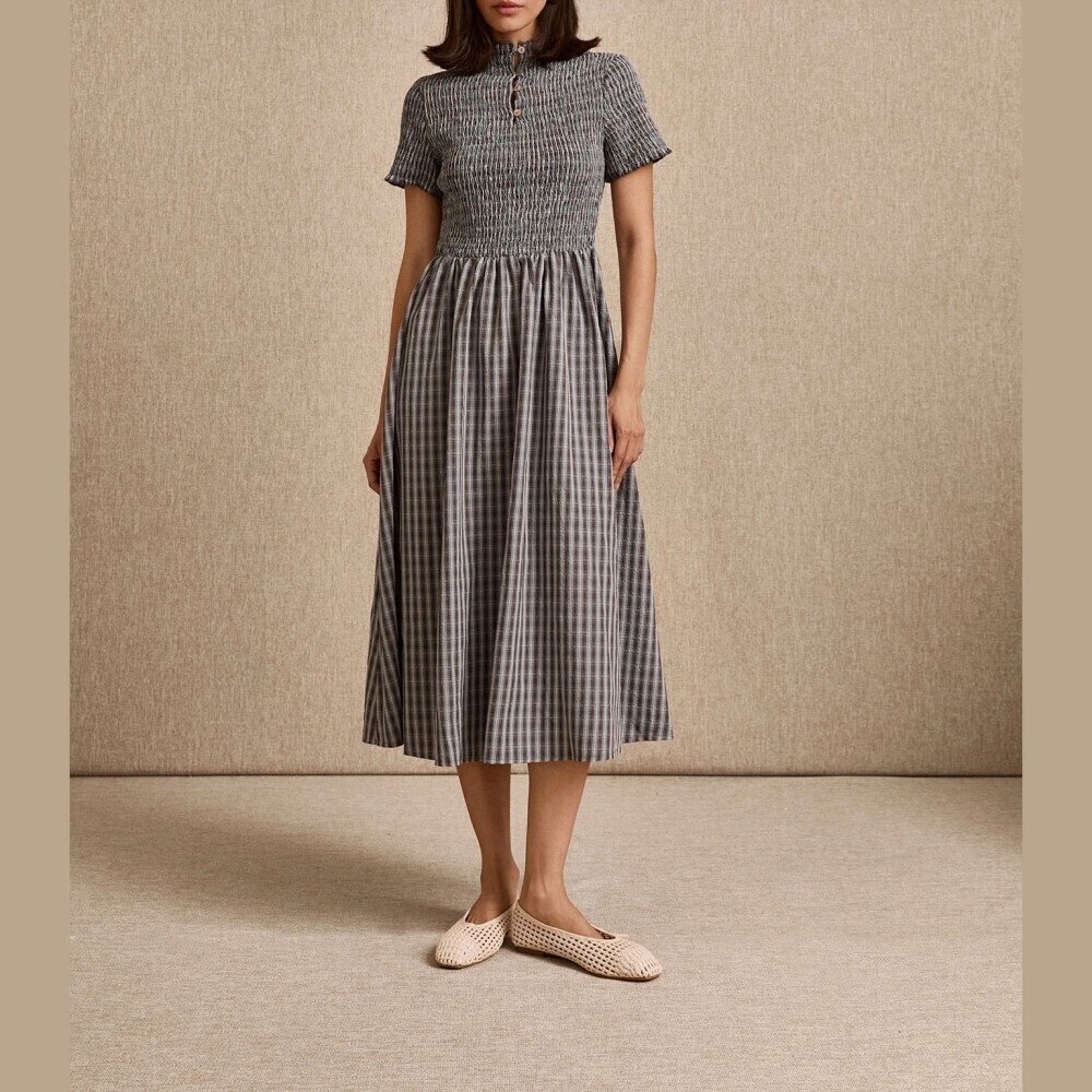 Blue / Gray Plaid Smocked Bodice Stand Collar Short Sleeve Midi Dress